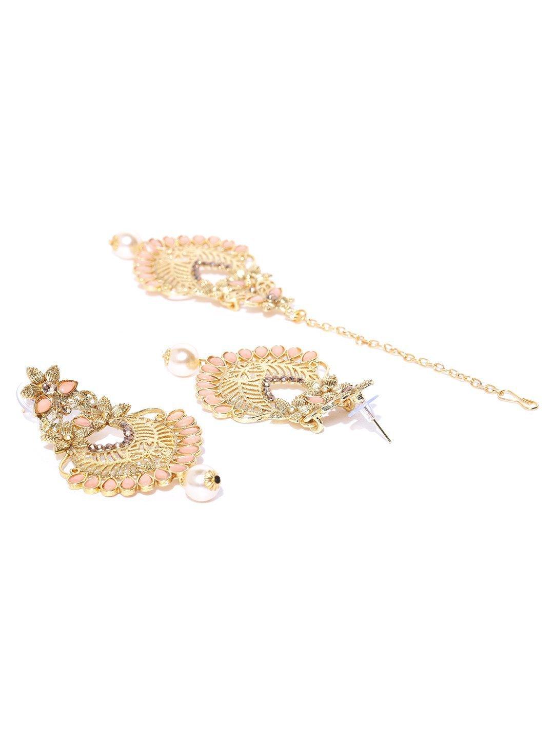 Women's Gold-Plated Peach Color Stone Studded Floral Maang Tikka With Drop Earrings Set - Priyaasi - Indiakreations