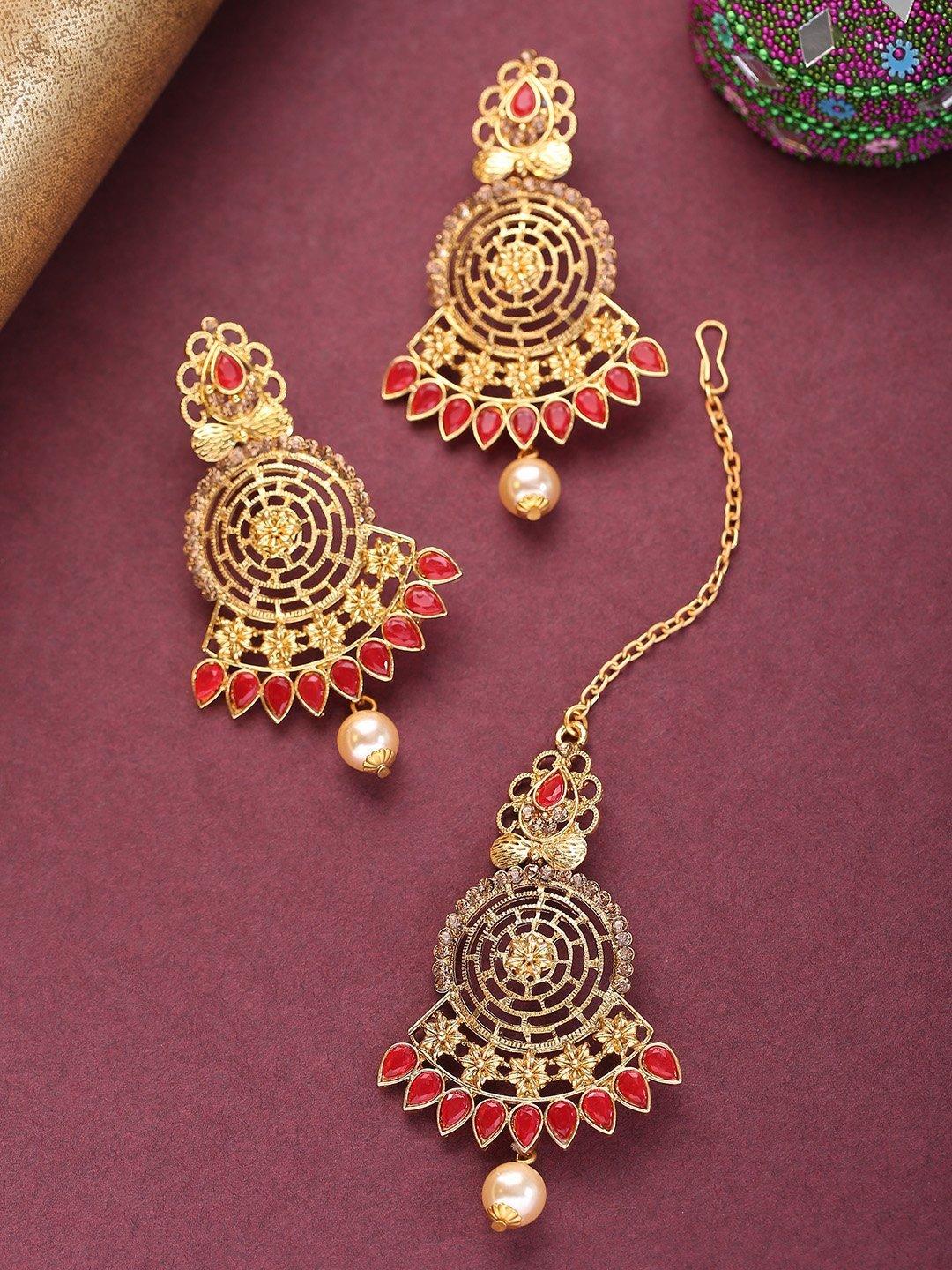 Women's Gold-Plated Red Stone Studded Round Shape Maang Tikka With Drop Earrings Set - Priyaasi - Indiakreations