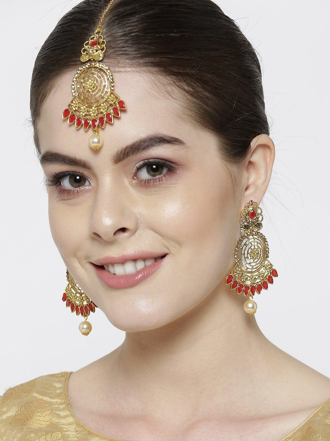 Women's Gold-Plated Red Stone Studded Round Shape Maang Tikka With Drop Earrings Set - Priyaasi - Indiakreations