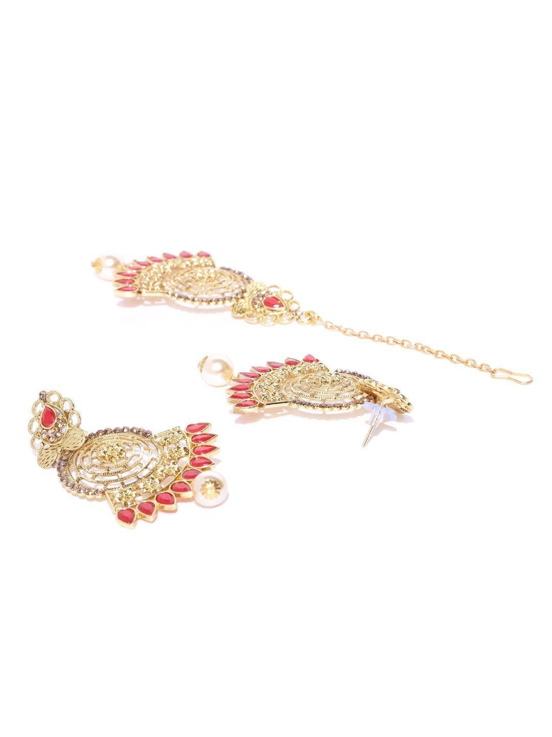 Women's Gold-Plated Red Stone Studded Round Shape Maang Tikka With Drop Earrings Set - Priyaasi - Indiakreations