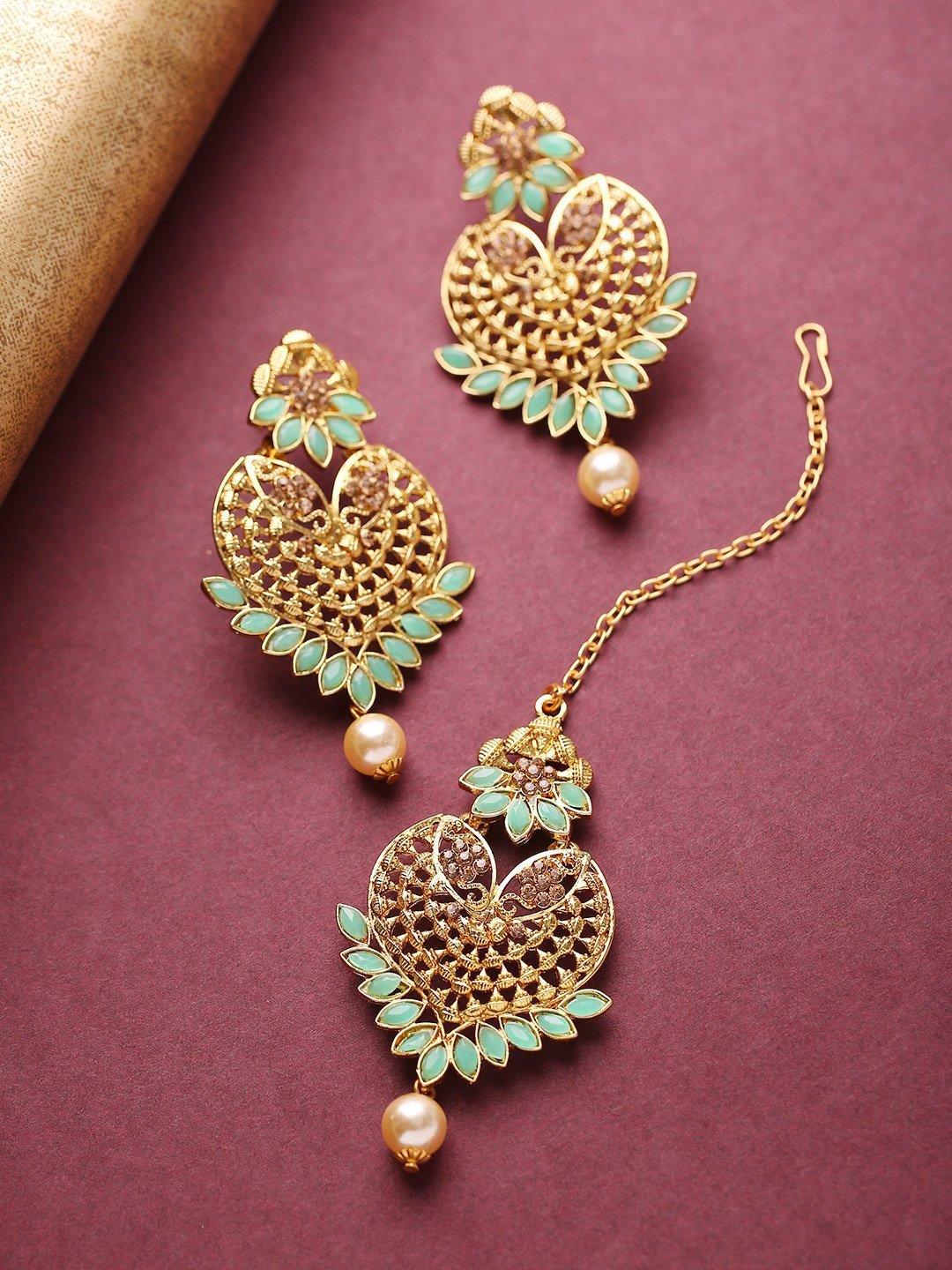 Women's Gold-Plated Mint Green Stone Studded Heart Shape Maang Tikka With Drop Earrings Set - Priyaasi - Indiakreations