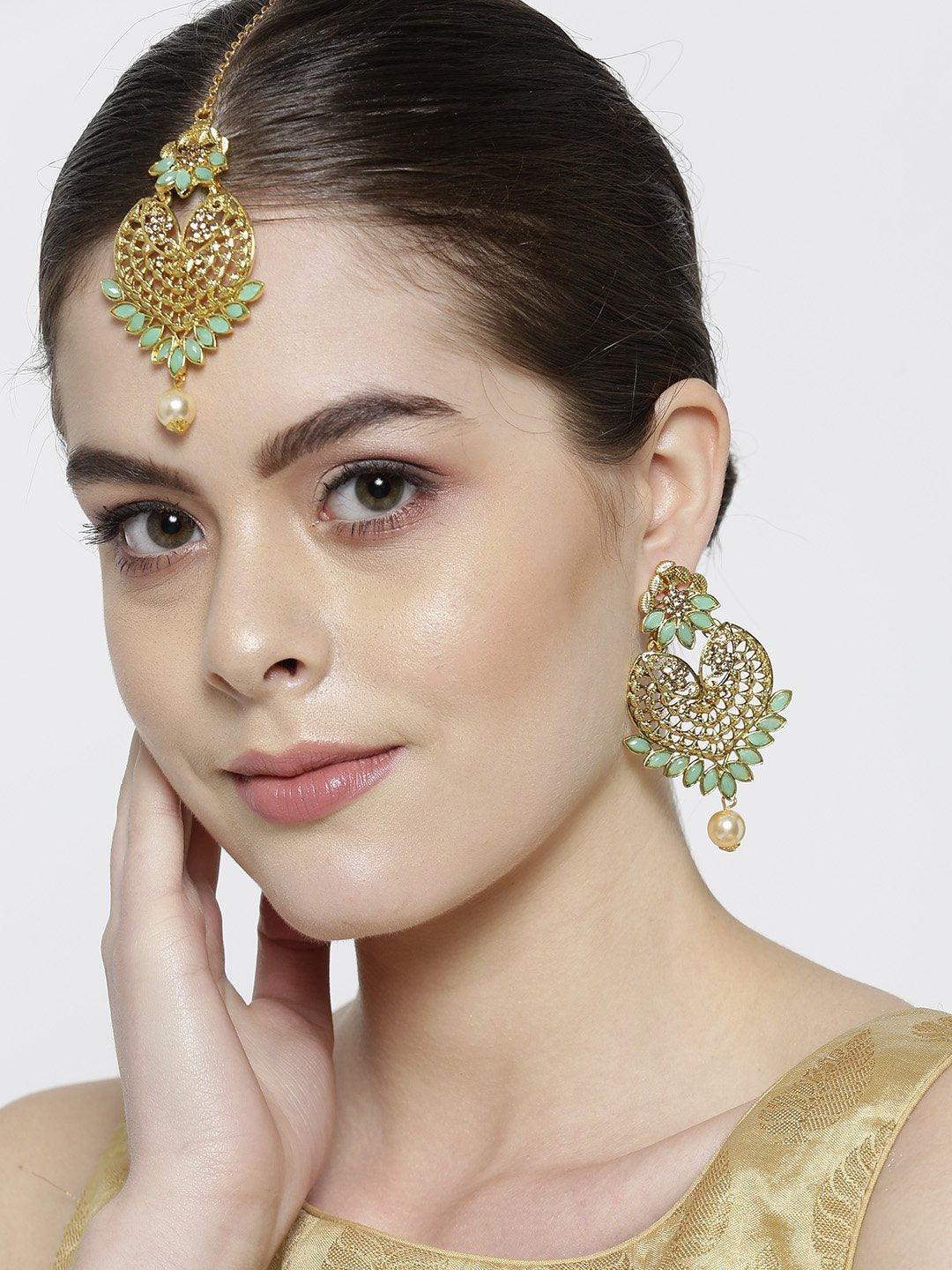 Women's Gold-Plated Mint Green Stone Studded Heart Shape Maang Tikka With Drop Earrings Set - Priyaasi - Indiakreations