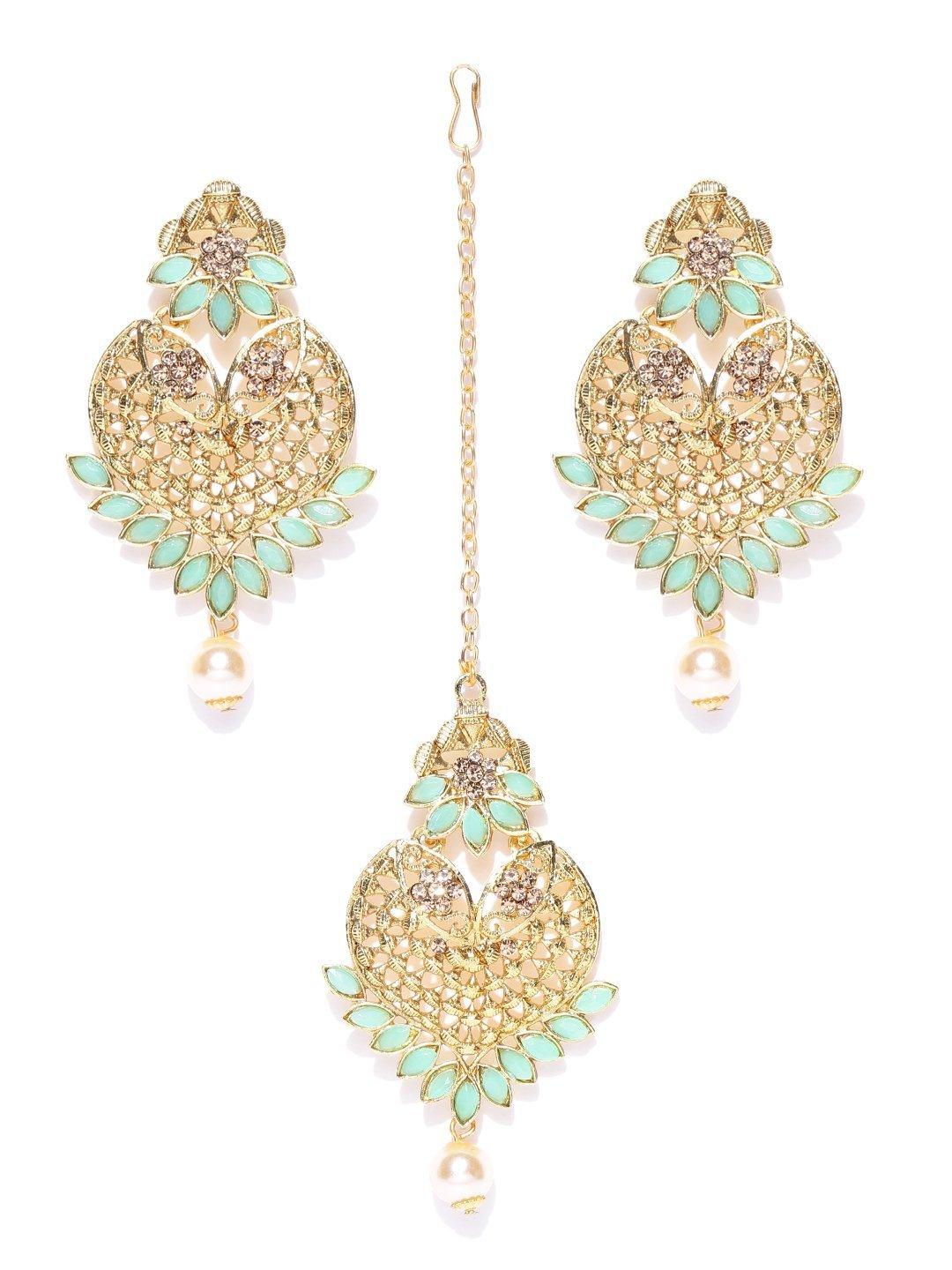 Women's Gold-Plated Mint Green Stone Studded Heart Shape Maang Tikka With Drop Earrings Set - Priyaasi - Indiakreations