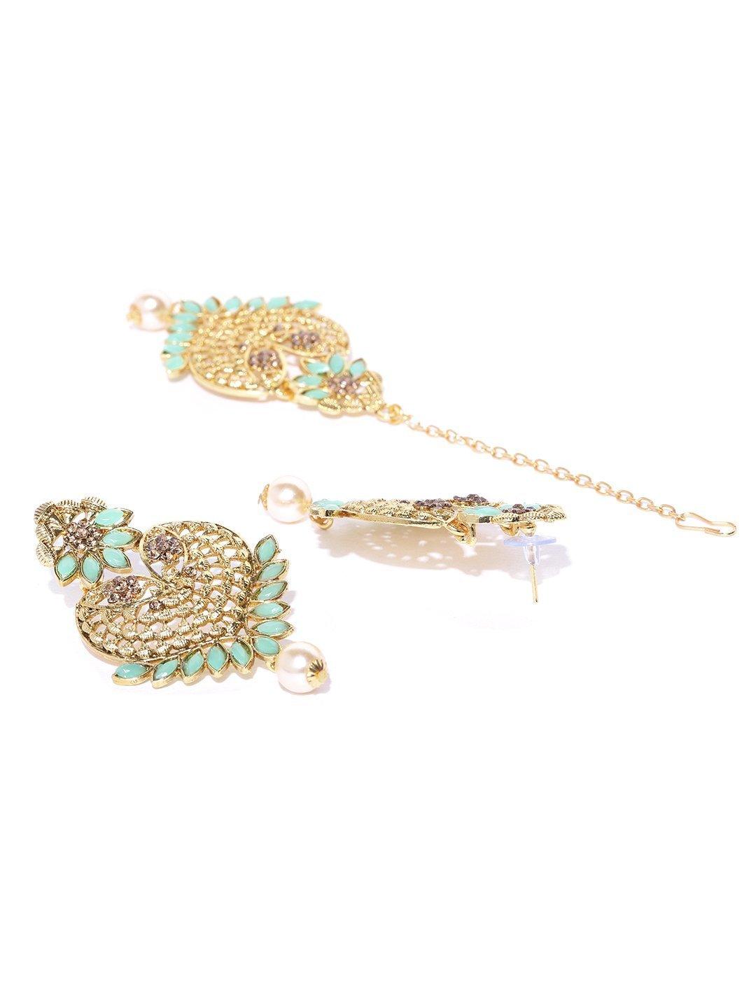 Women's Gold-Plated Mint Green Stone Studded Heart Shape Maang Tikka With Drop Earrings Set - Priyaasi - Indiakreations