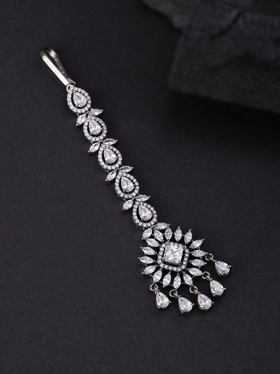 Women's Oxidised Silver Plated American Diamond Studded Floral Designed Maang Tikka - Priyaasi - Indiakreations