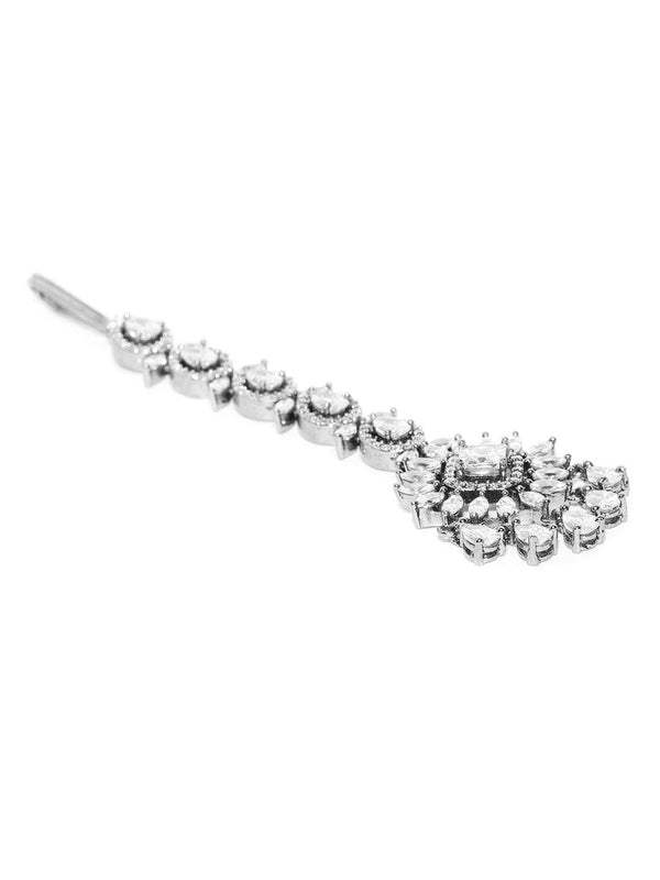 Women's Oxidised Silver Plated American Diamond Studded Floral Designed Maang Tikka - Priyaasi