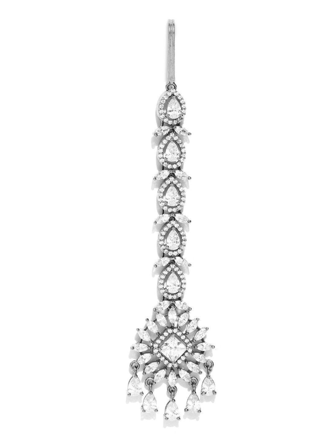 Women's Oxidised Silver Plated American Diamond Studded Floral Designed Maang Tikka - Priyaasi - Indiakreations