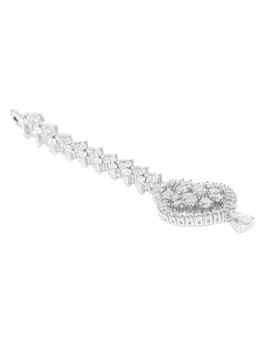 Women's Silver Plated AD Studded Leaf And Floral Designed Heart Shaped Maang Tikka - Priyaasi - Indiakreations