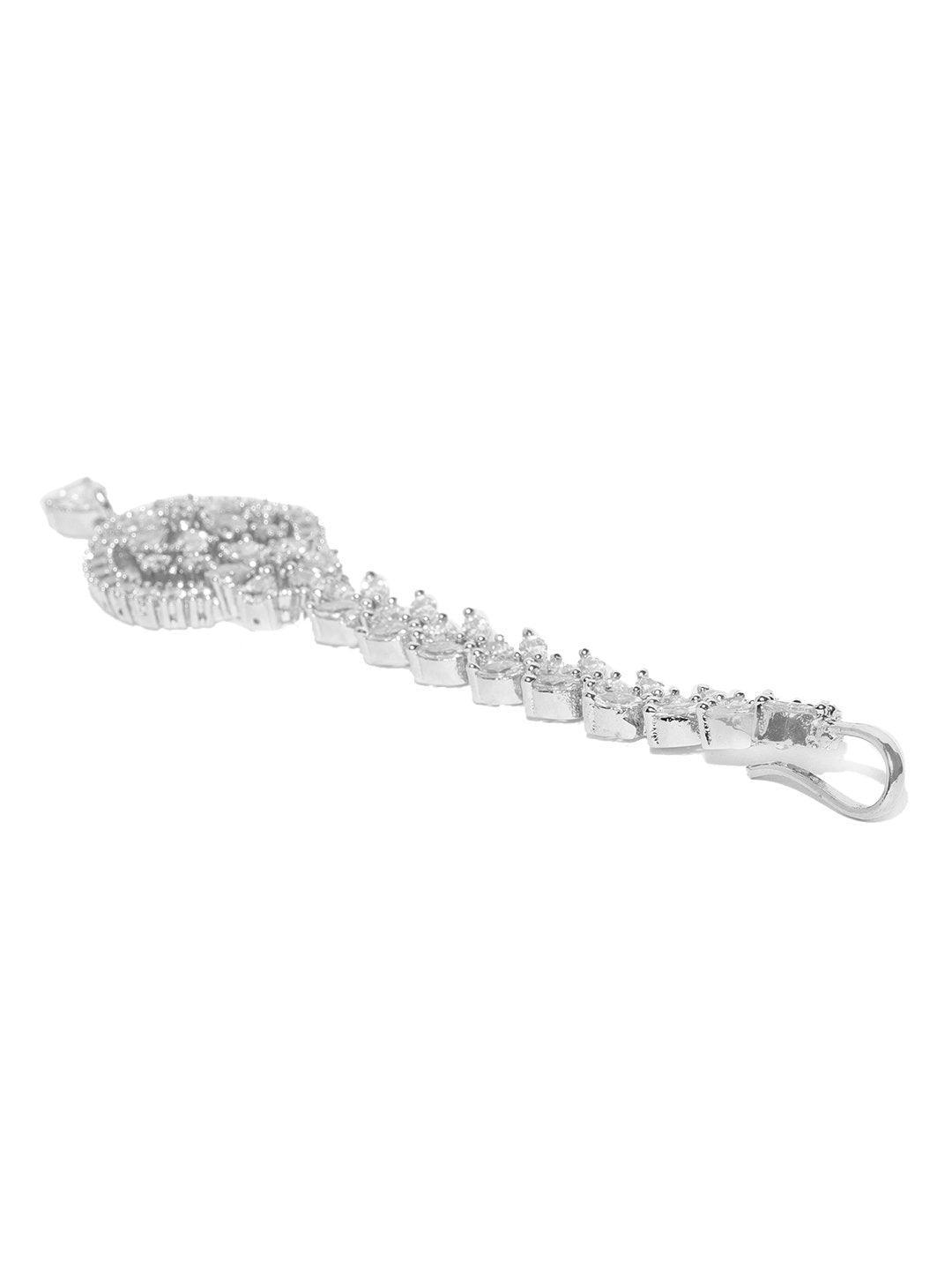 Women's Silver Plated AD Studded Leaf And Floral Designed Heart Shaped Maang Tikka - Priyaasi - Indiakreations