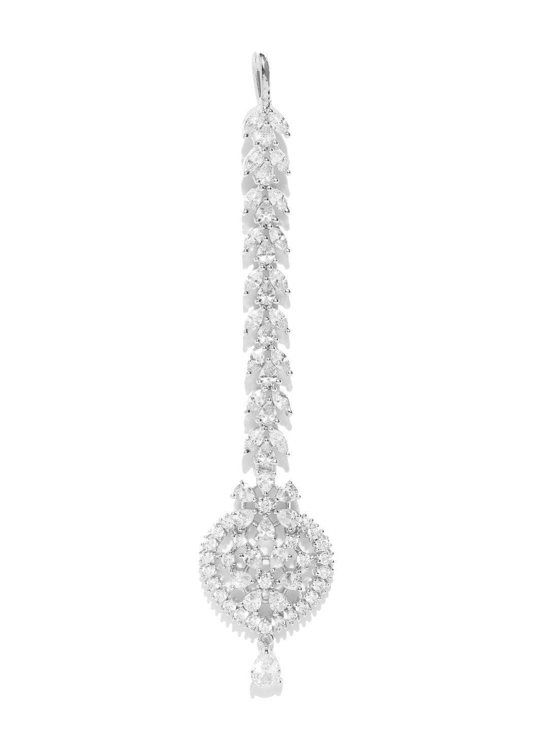 Women's Silver Plated AD Studded Leaf And Floral Designed Heart Shaped Maang Tikka - Priyaasi - Indiakreations