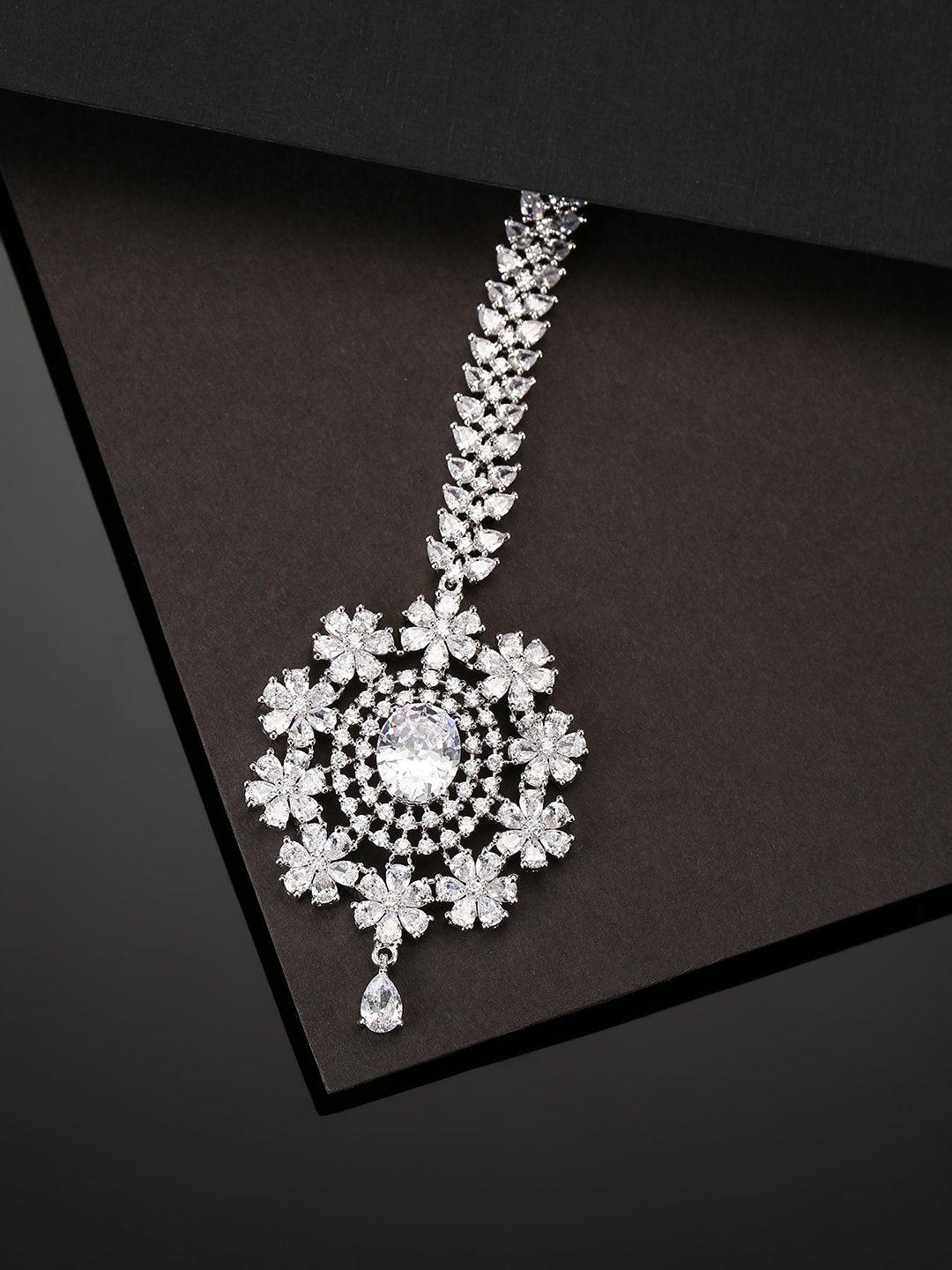 Women's Silver Plated American Diamond Studded Floral Pattern Maang Tikka - Priyaasi - Indiakreations