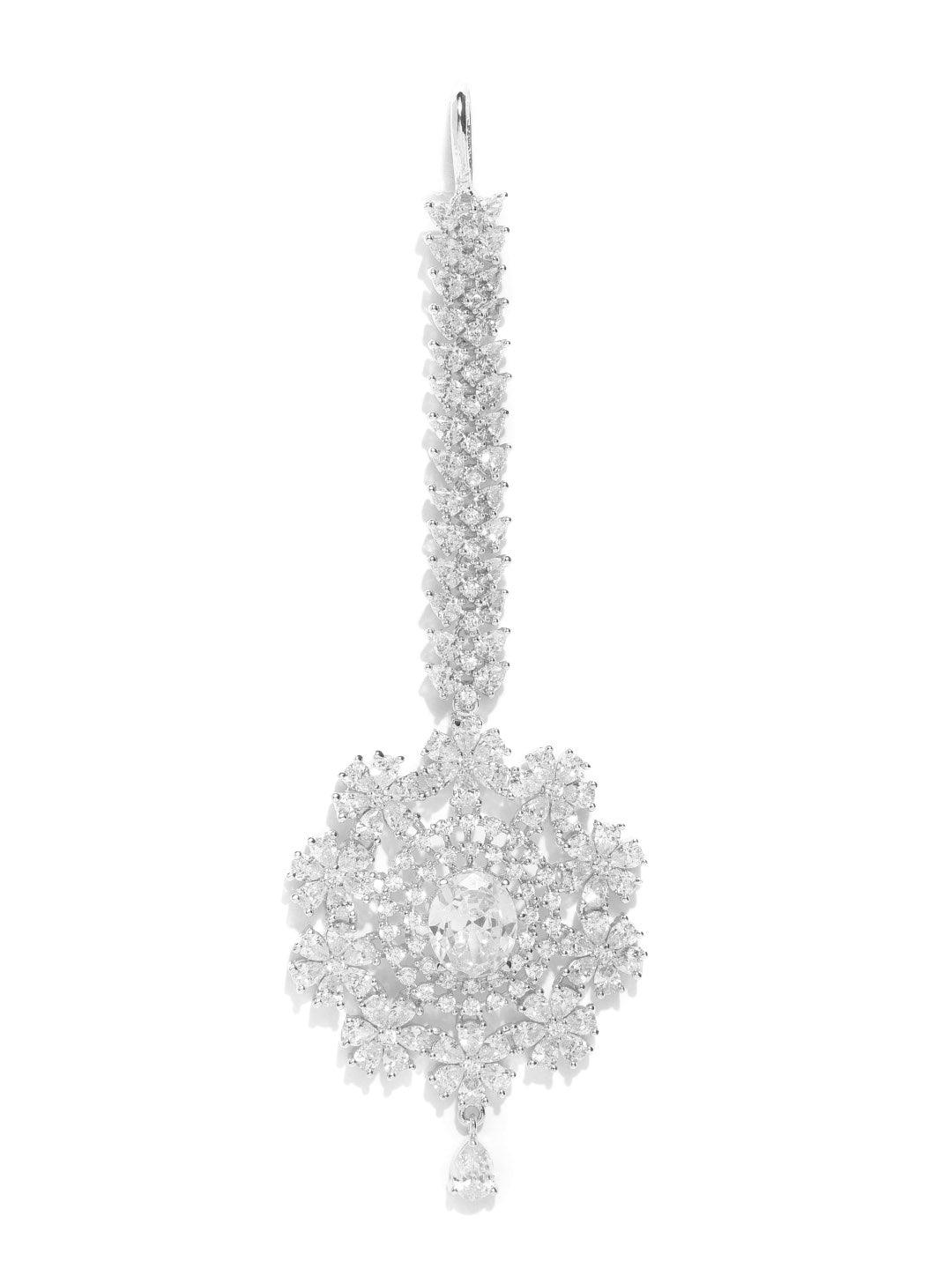 Women's Silver Plated American Diamond Studded Floral Pattern Maang Tikka - Priyaasi - Indiakreations