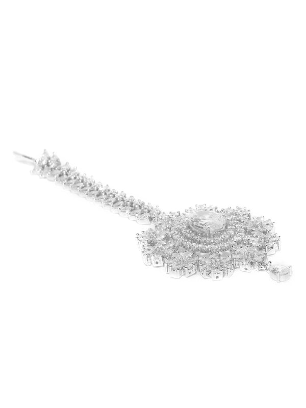 Women's Silver Plated American Diamond Studded Floral Pattern Maang Tikka - Priyaasi