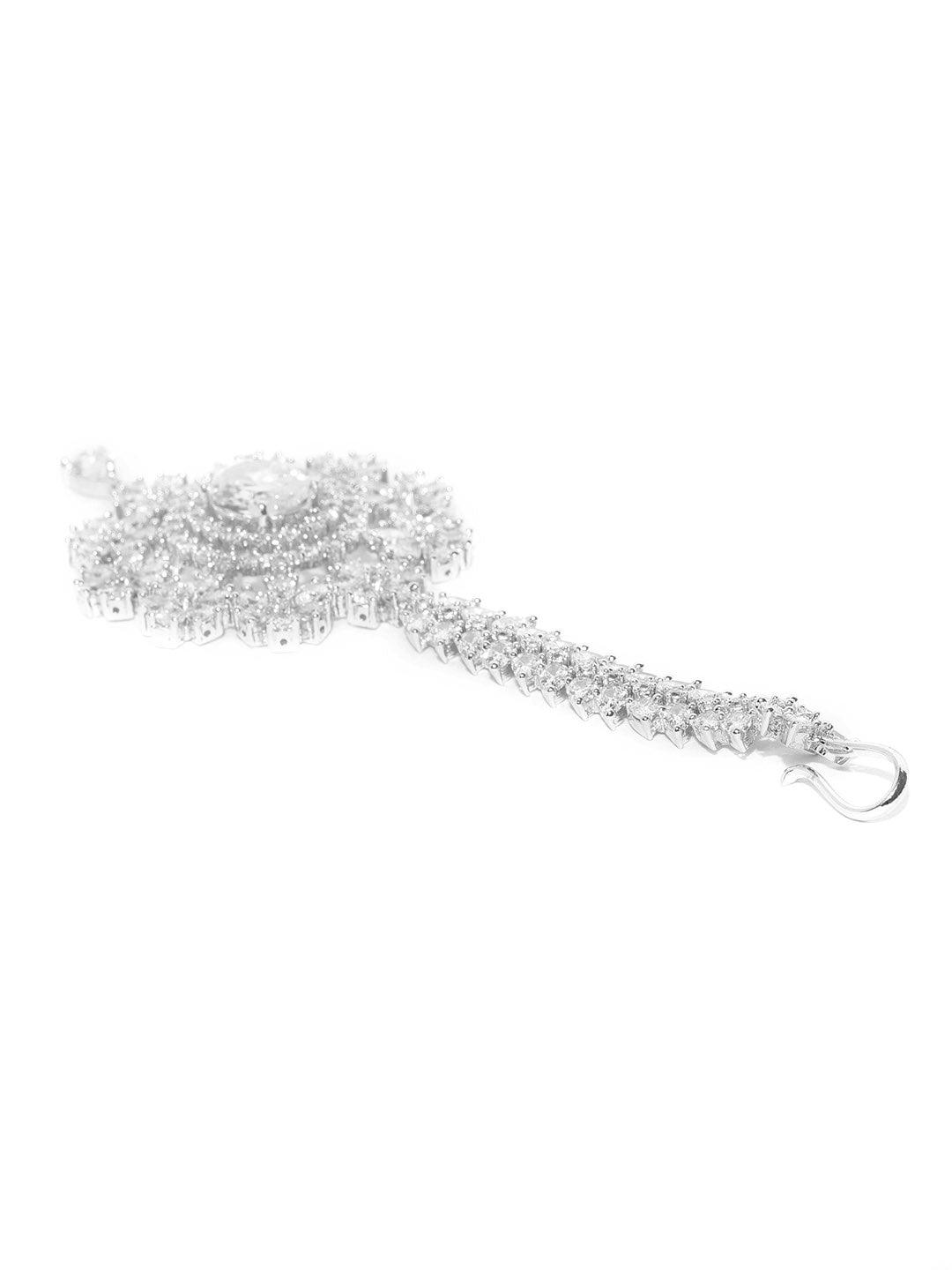 Women's Silver Plated American Diamond Studded Floral Pattern Maang Tikka - Priyaasi - Indiakreations