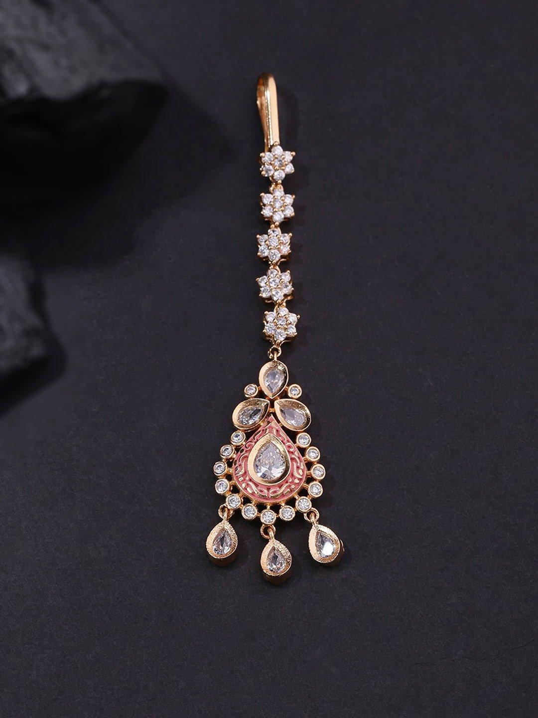 Women's Gold-Plated Kundan And American Diamond Studded Red Maang Tikka - Priyaasi - Indiakreations