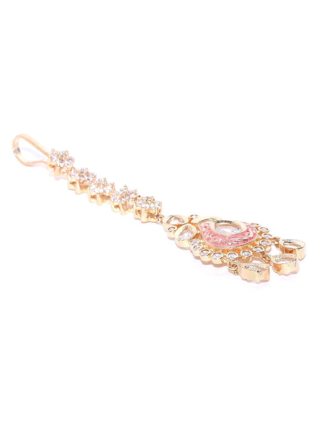 Women's Gold-Plated Kundan And American Diamond Studded Red Maang Tikka - Priyaasi - Indiakreations