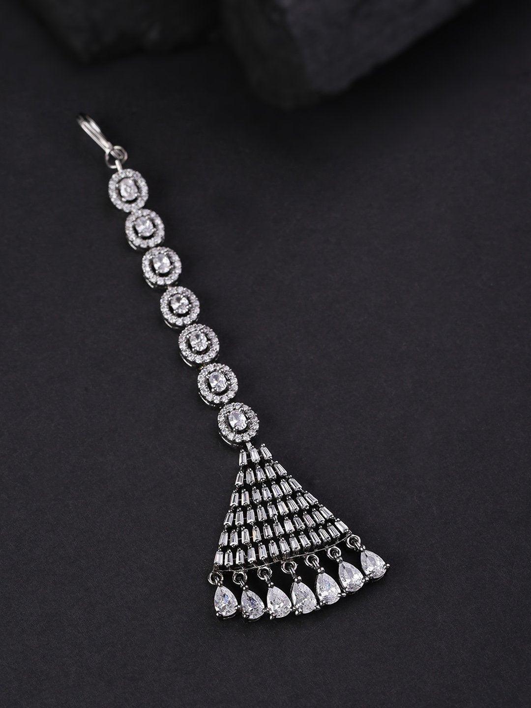 Women's Oxidised Silver Plated AD Studded Triangular Shape Handcrafted Maang Tikka - Priyaasi - Indiakreations