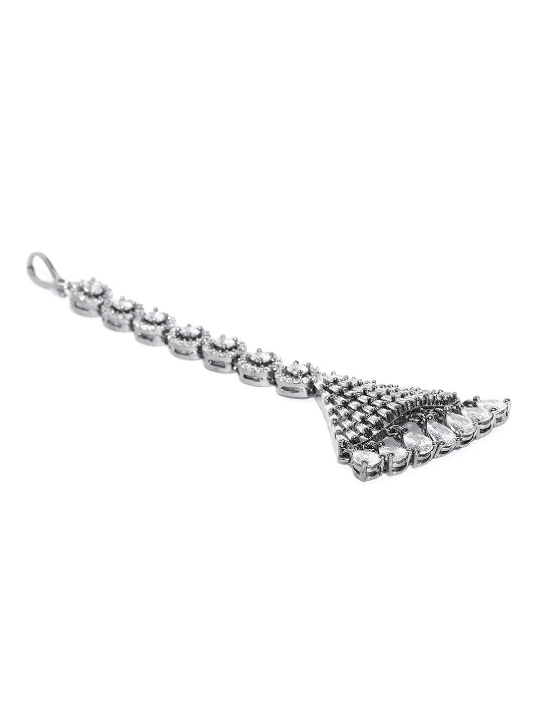 Women's Oxidised Silver Plated AD Studded Triangular Shape Handcrafted Maang Tikka - Priyaasi - Indiakreations