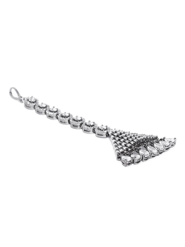 Women's Oxidised Silver Plated AD Studded Triangular Shape Handcrafted Maang Tikka - Priyaasi