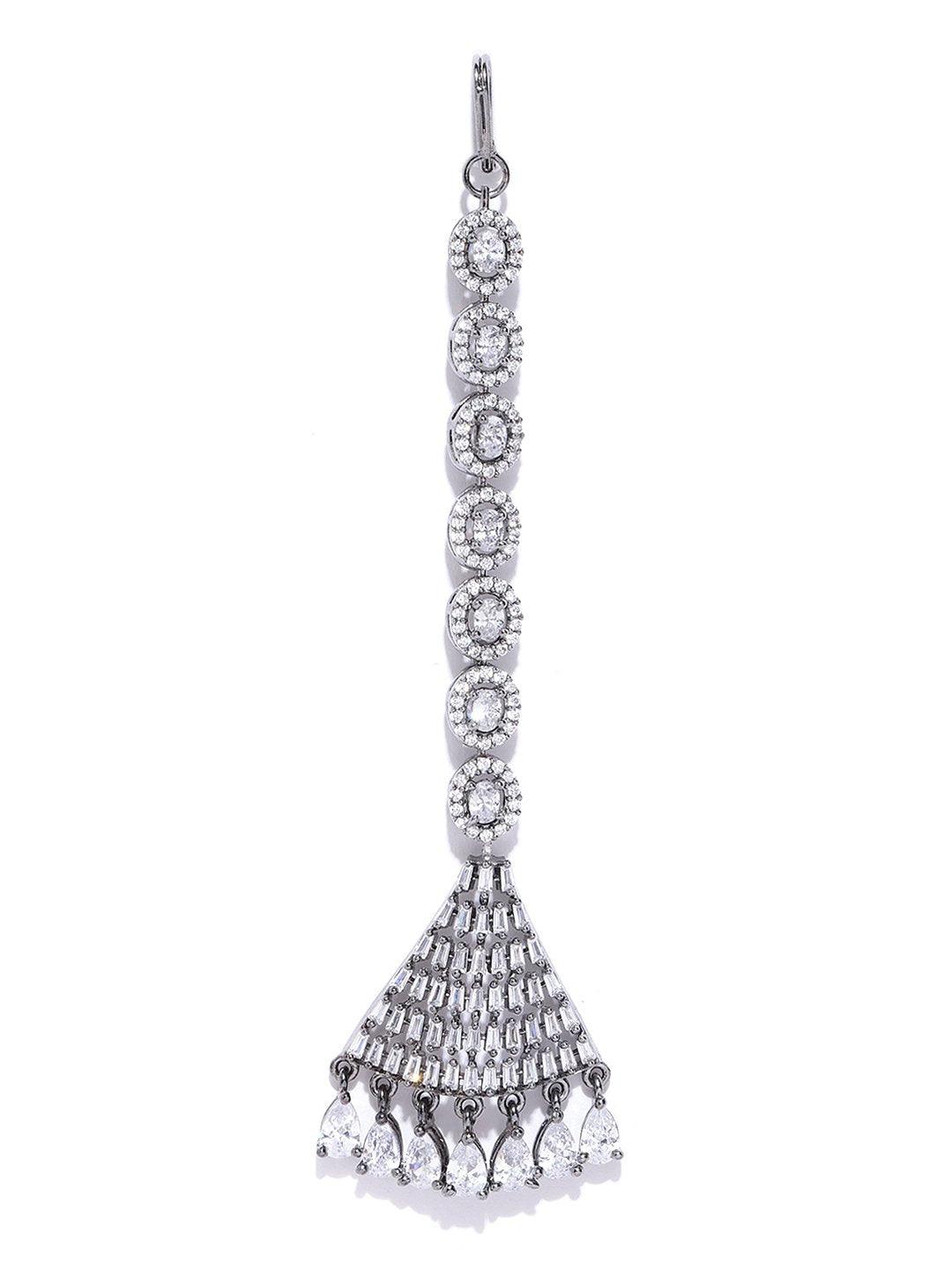 Women's Oxidised Silver Plated AD Studded Triangular Shape Handcrafted Maang Tikka - Priyaasi - Indiakreations