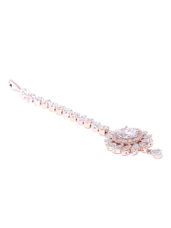 Women's Rose Gold Plated Sparkling American Diamond Studded Floral Shape Maang Tikka - Priyaasi