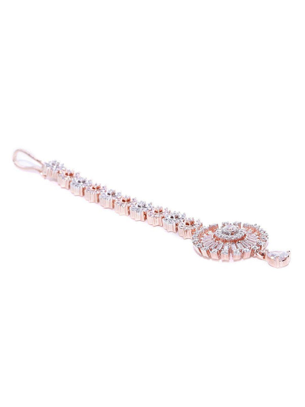 Women's Rose Gold Plated American Diamond Studded Circular Shape Maang Tikka - Priyaasi - Indiakreations