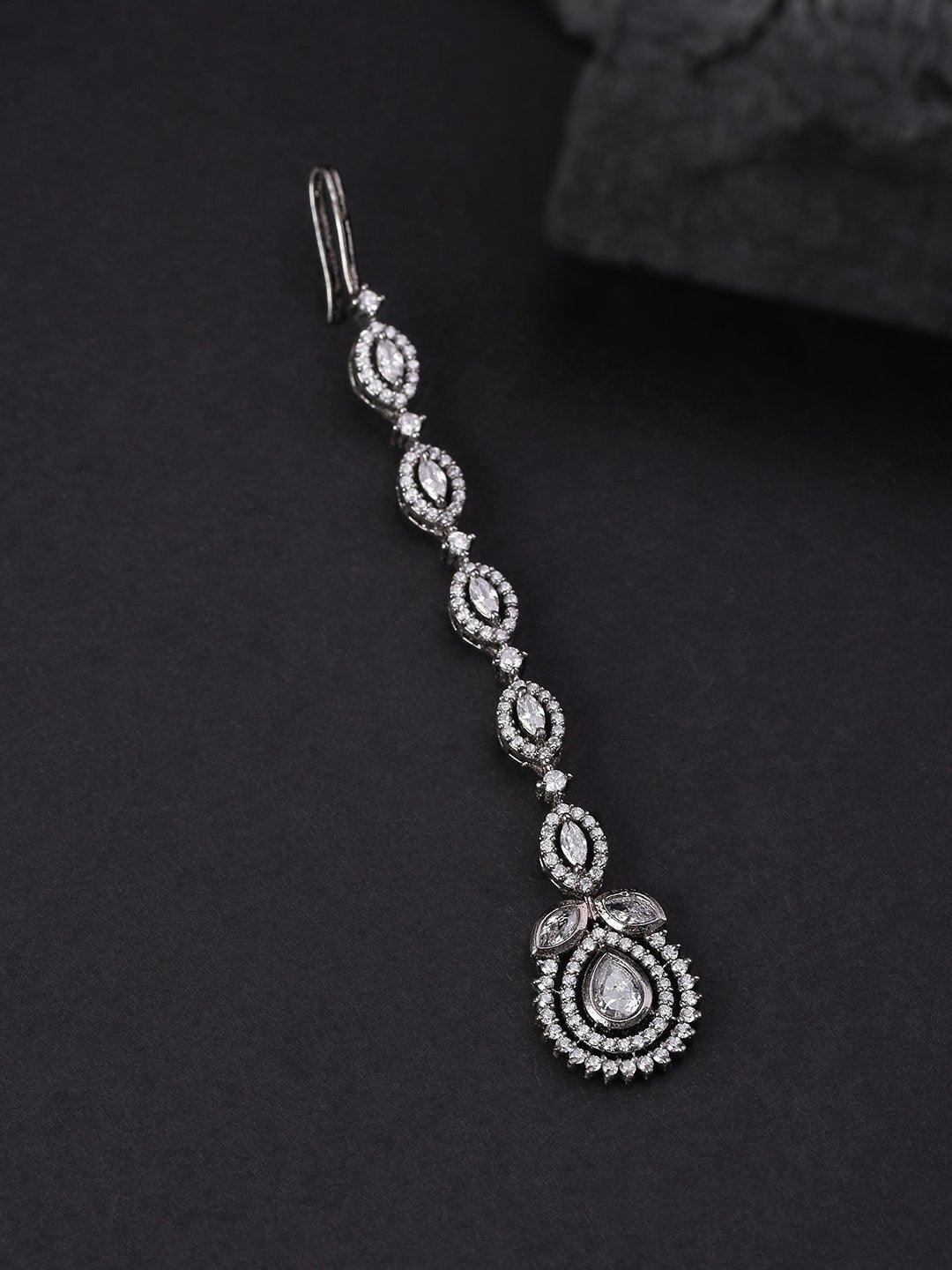 Women's Oxidised Silver Plated American Diamond Studded Beautiful Maang Tikka - Priyaasi - Indiakreations