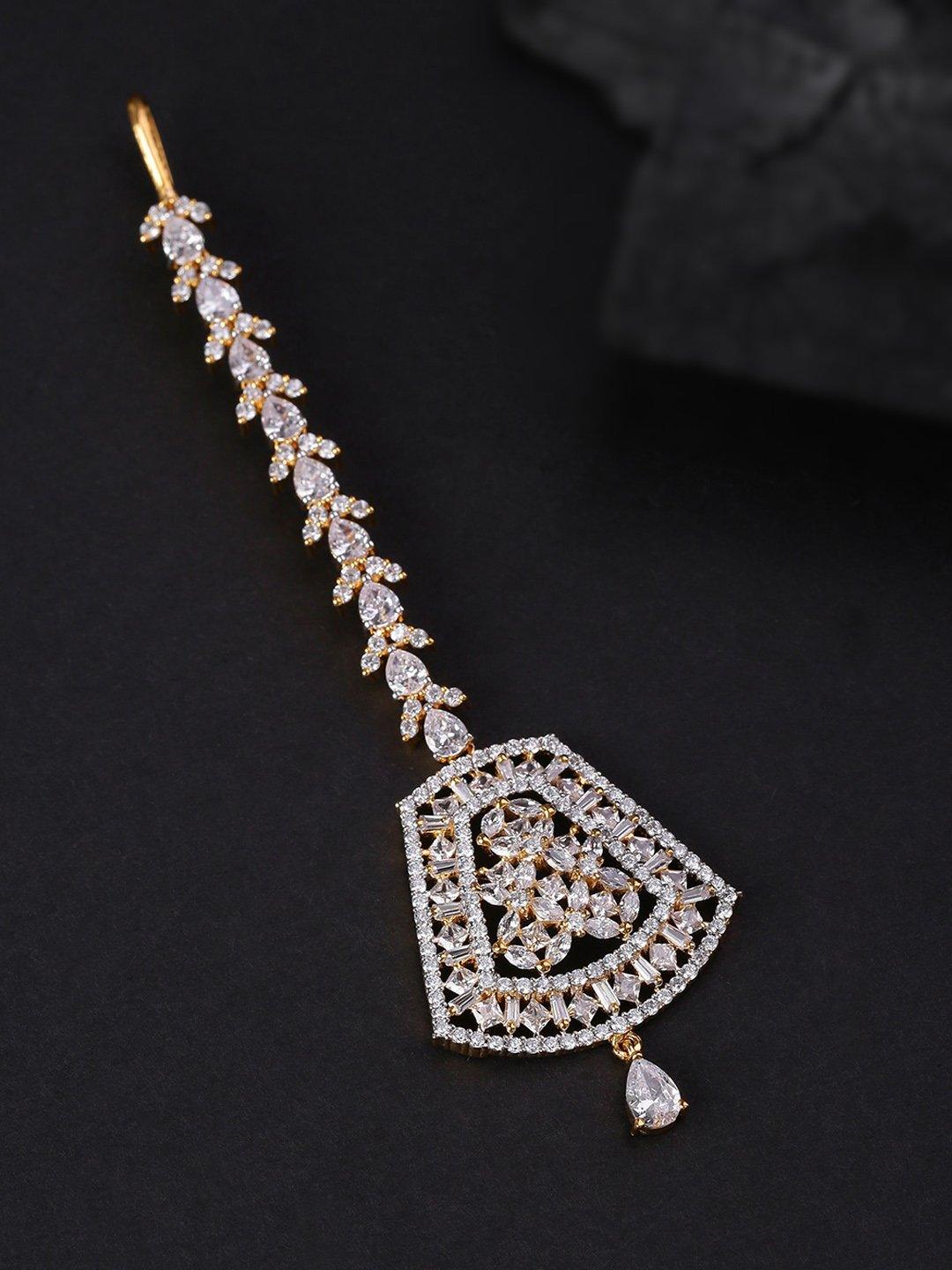 Women's Gold Plated Floral Pattern AD Studded Geometric Shape Maang Tikka - Priyaasi - Indiakreations