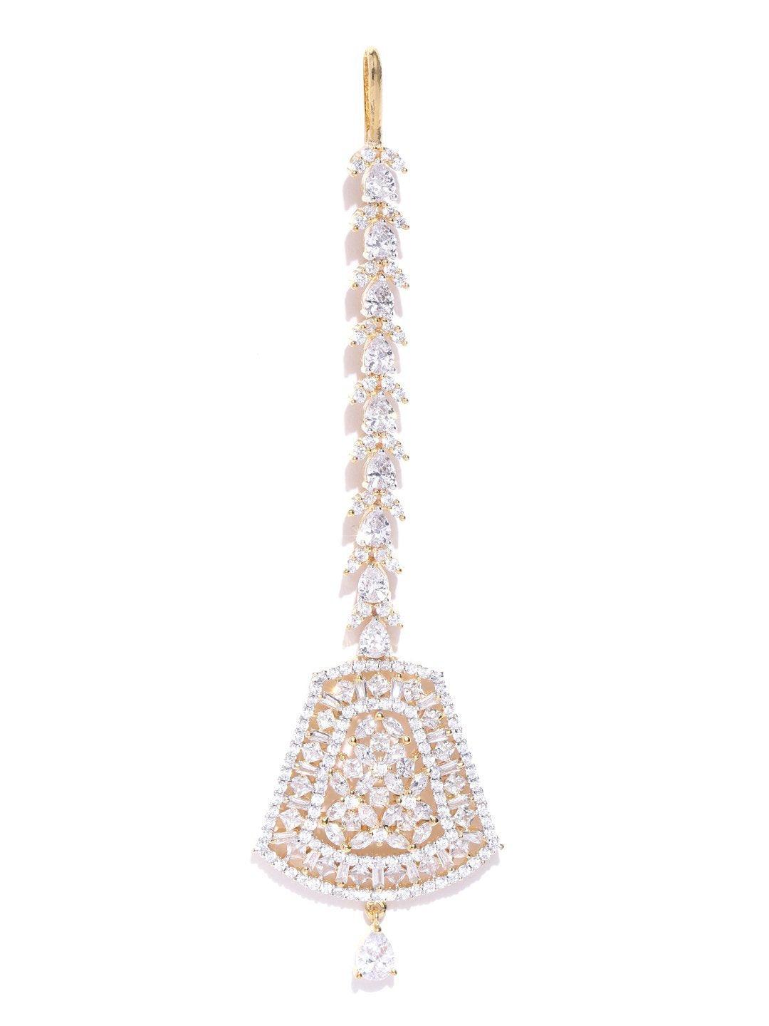 Women's Gold Plated Floral Pattern AD Studded Geometric Shape Maang Tikka - Priyaasi - Indiakreations