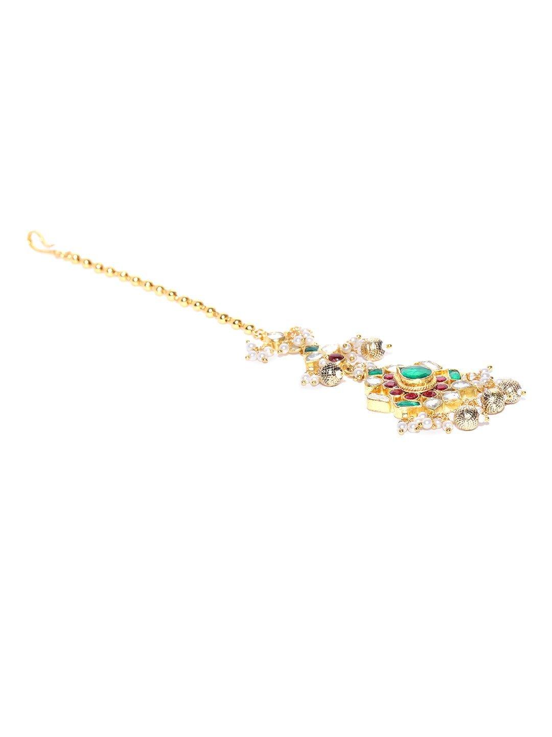 Women's Gold Plated Kundan And Red-Green Stone Studded Beautiful Maang Tikka - Priyaasi - Indiakreations