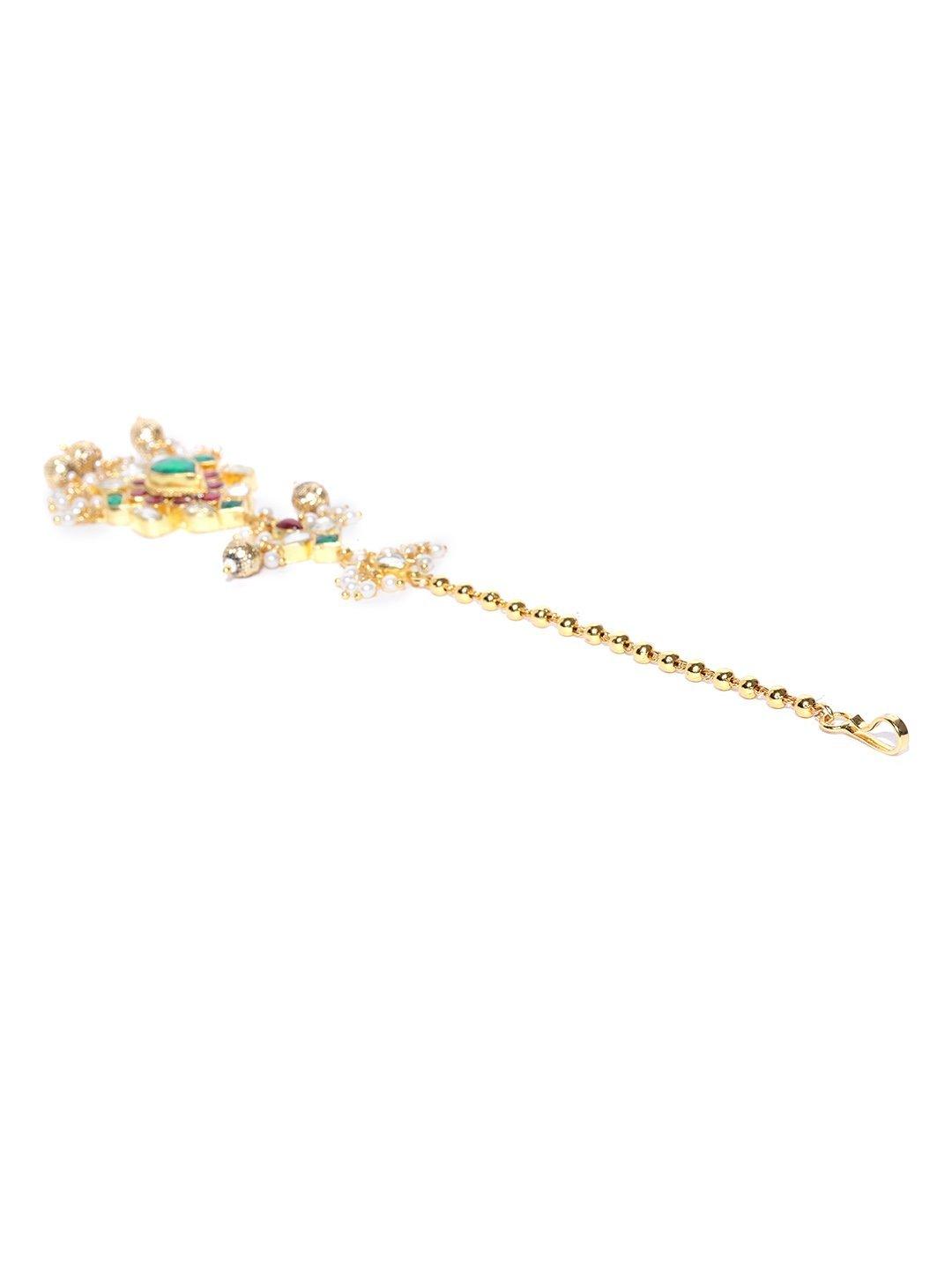 Women's Gold Plated Kundan And Red-Green Stone Studded Beautiful Maang Tikka - Priyaasi - Indiakreations