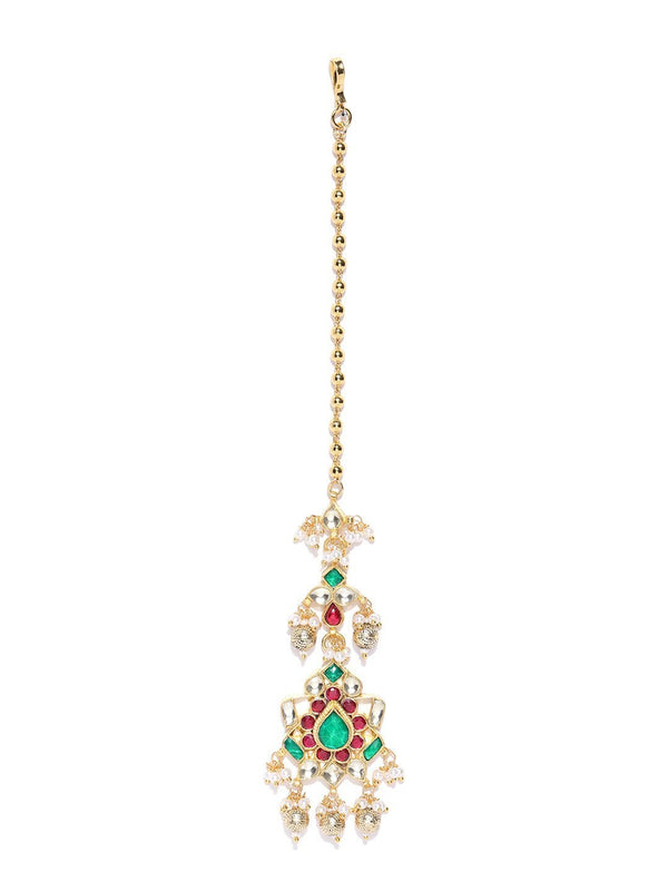 Women's Gold Plated Kundan And Red-Green Stone Studded Beautiful Maang Tikka - Priyaasi