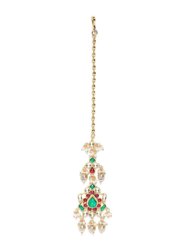 Women's Gold Plated Kundan And Red-Green Stone Studded Beautiful Maang Tikka - Priyaasi - Indiakreations