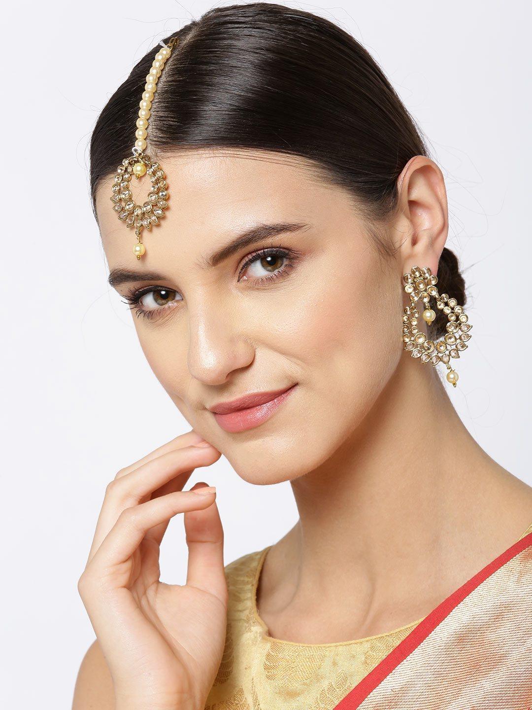 Women's Gold-Plated Stones Studded Pearls Beaded MaangTikka And Earrings Set in Floral Pattern - Priyaasi - Indiakreations