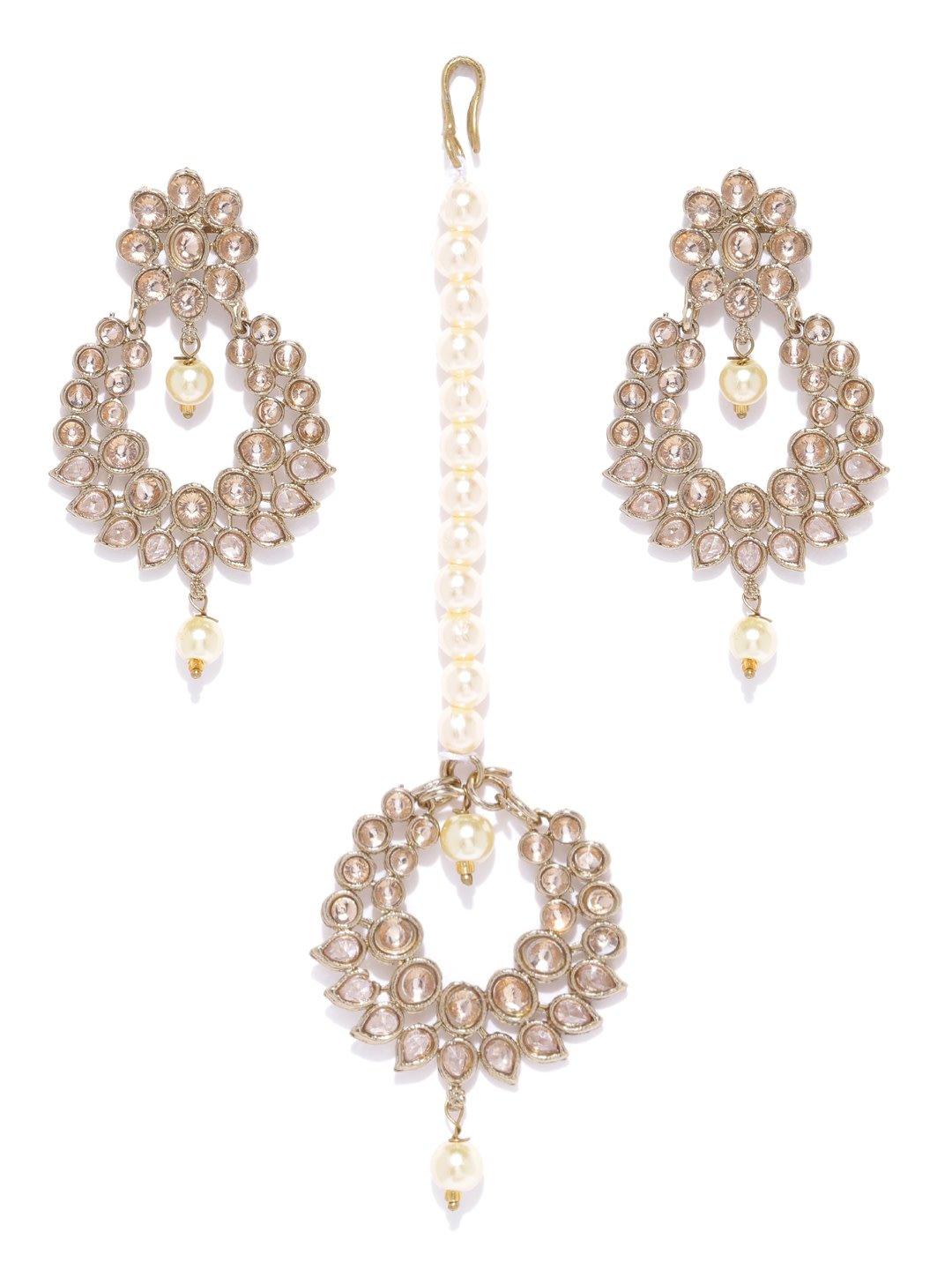 Women's Gold-Plated Stones Studded Pearls Beaded MaangTikka And Earrings Set in Floral Pattern - Priyaasi - Indiakreations