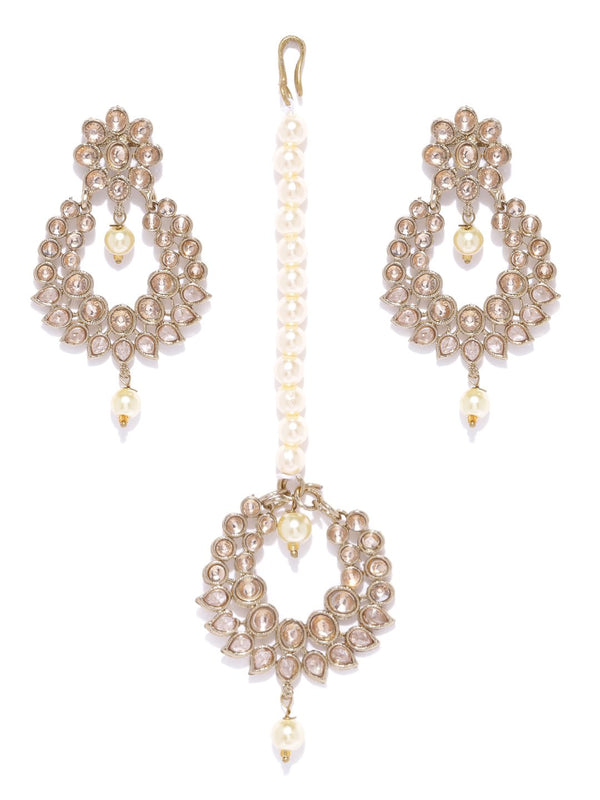 Women's Gold-Plated Stones Studded Pearls Beaded MaangTikka And Earrings Set in Floral Pattern - Priyaasi