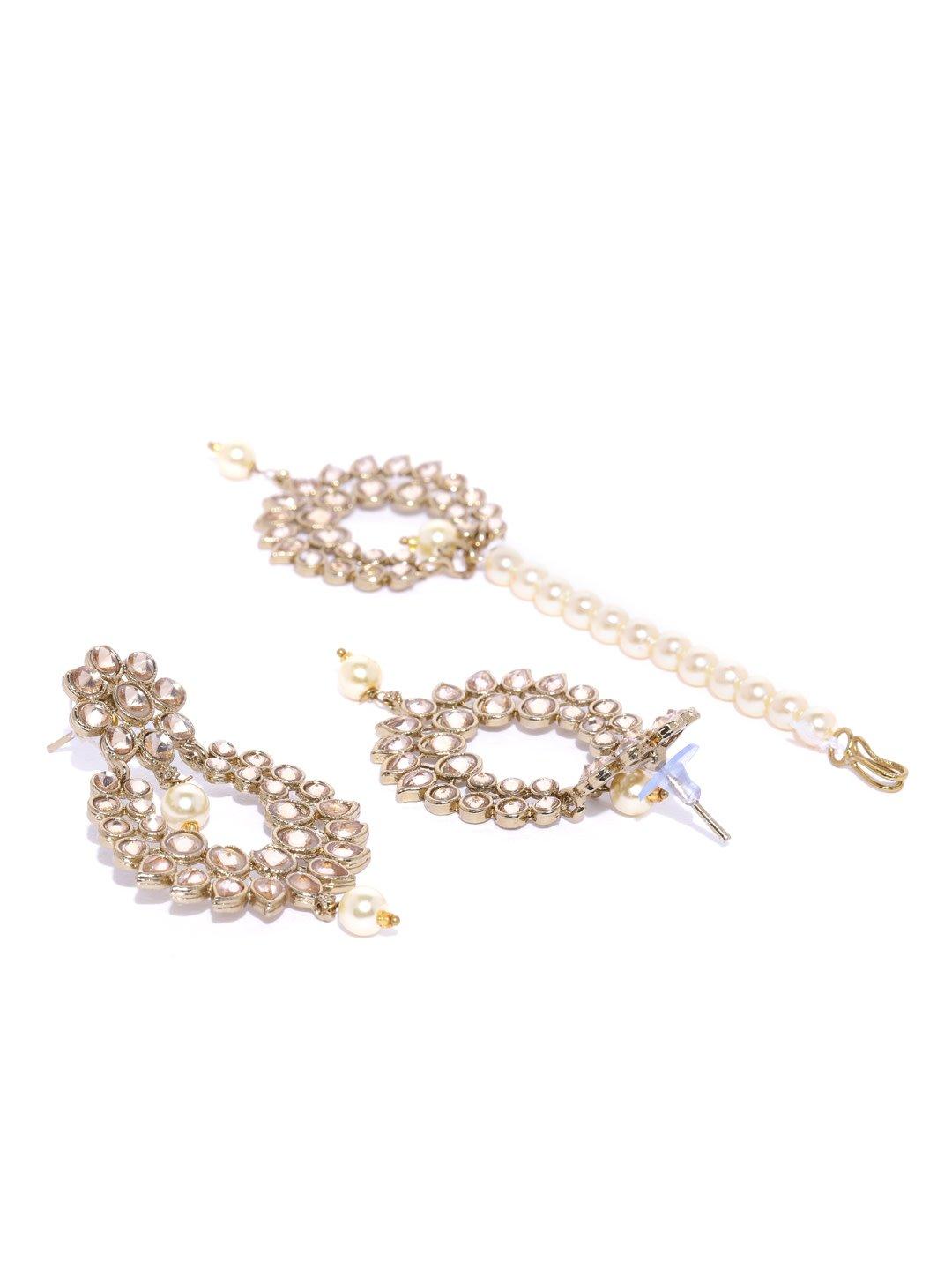 Women's Gold-Plated Stones Studded Pearls Beaded MaangTikka And Earrings Set in Floral Pattern - Priyaasi - Indiakreations