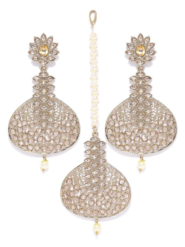 Women's Gold-Plated Stones Studded Pearls Beaded MaangTikka And Earrings Set in Floral Pattern - Priyaasi - Indiakreations