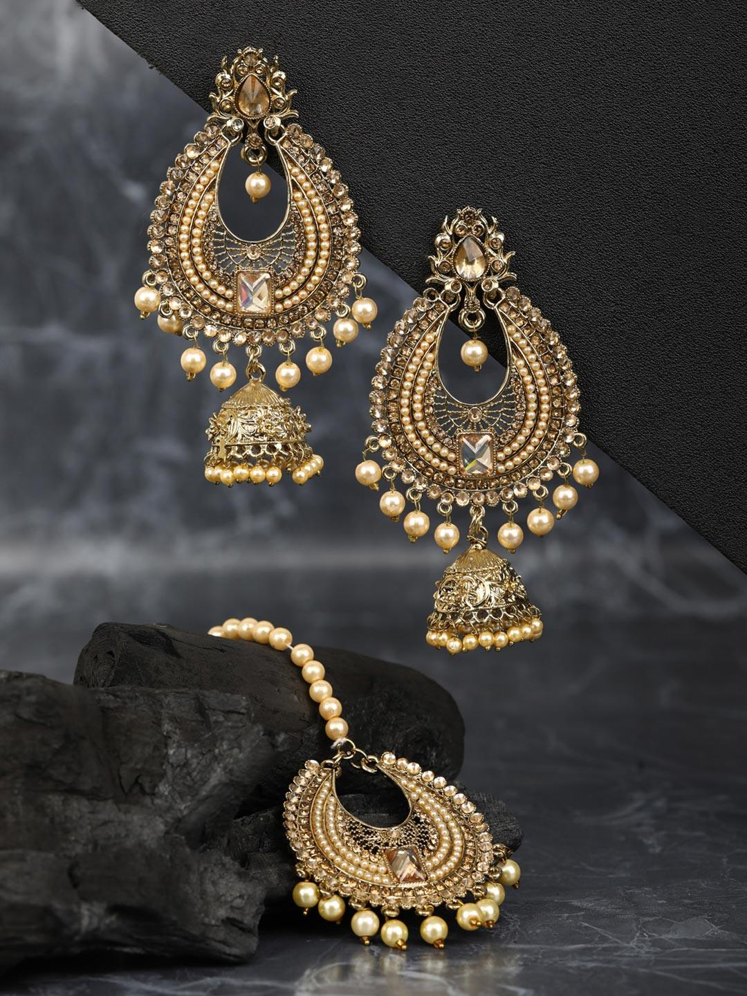 Women's Off White Beads Pearls Artificial Stones Gold Plated Maang Tikka - Priyaasi - Indiakreations