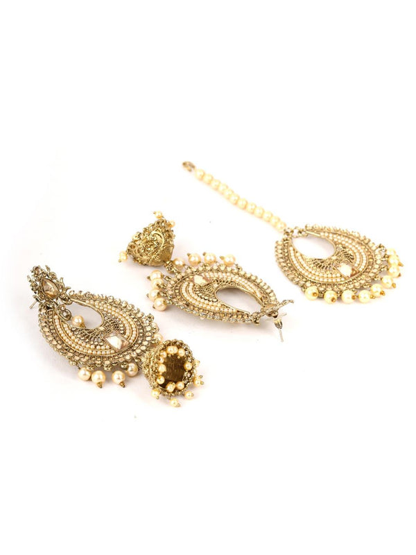 Women's Off White Beads Pearls Artificial Stones Gold Plated Maang Tikka - Priyaasi - Indiakreations