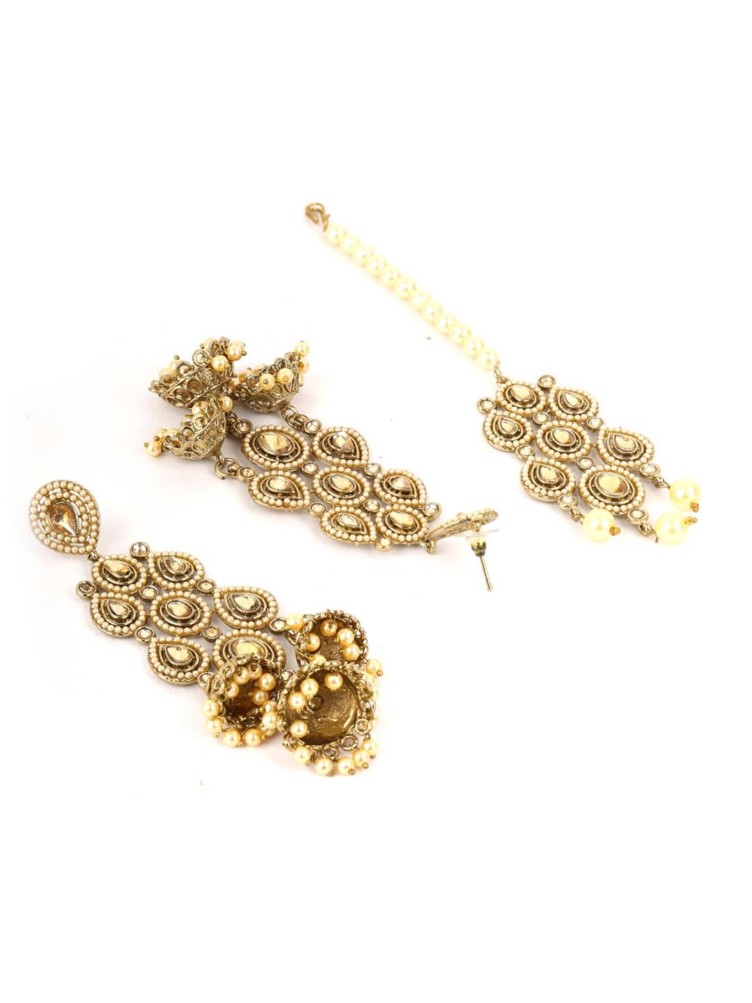 Women's Off White Beads Pearls Artificial Stones Gold Plated Maang Tikka - Priyaasi - Indiakreations