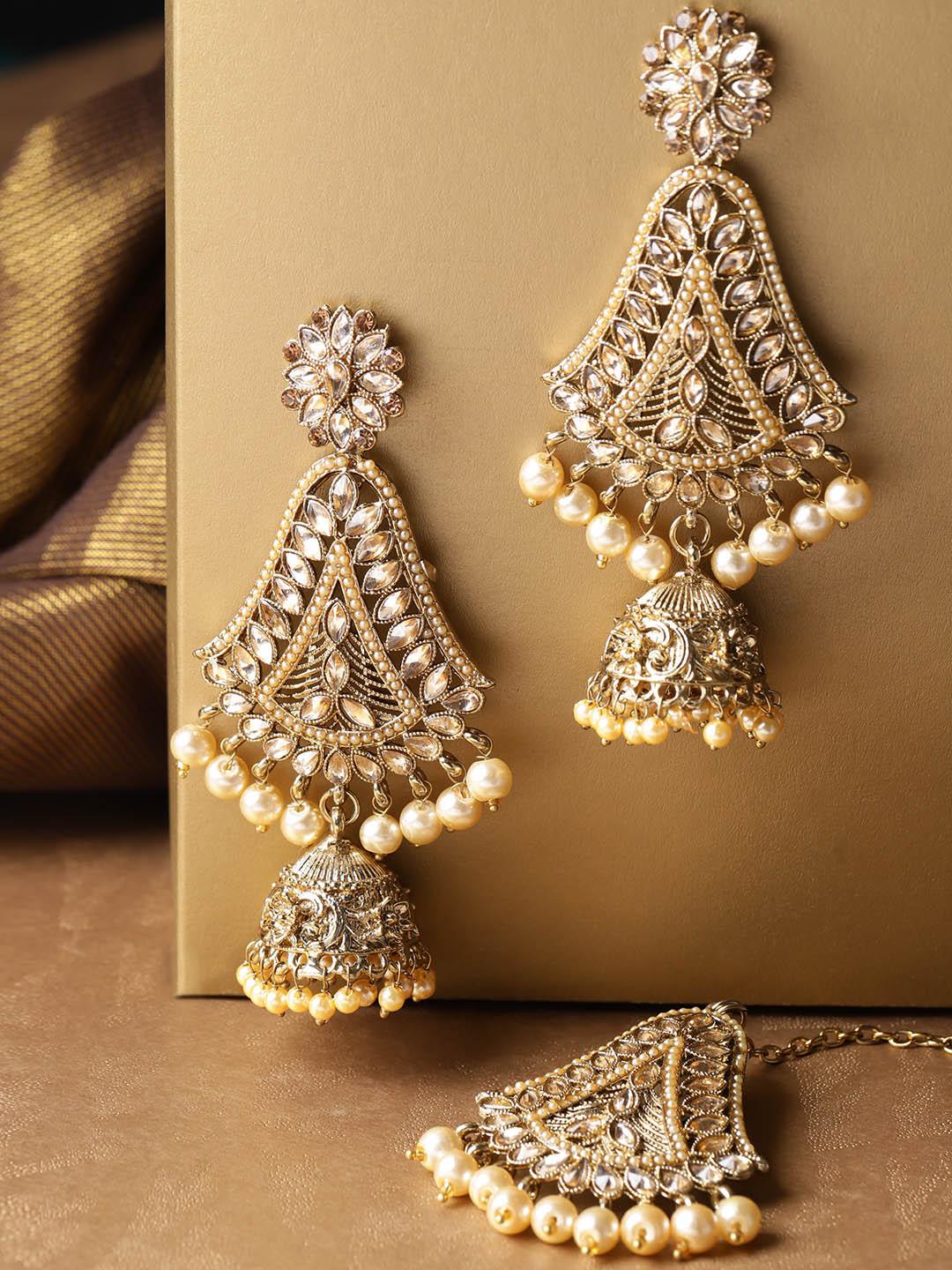 Women's Gold-Plated Stone Studded MaangTikka And Earrings Set with Pearls Drop - Priyaasi - Indiakreations