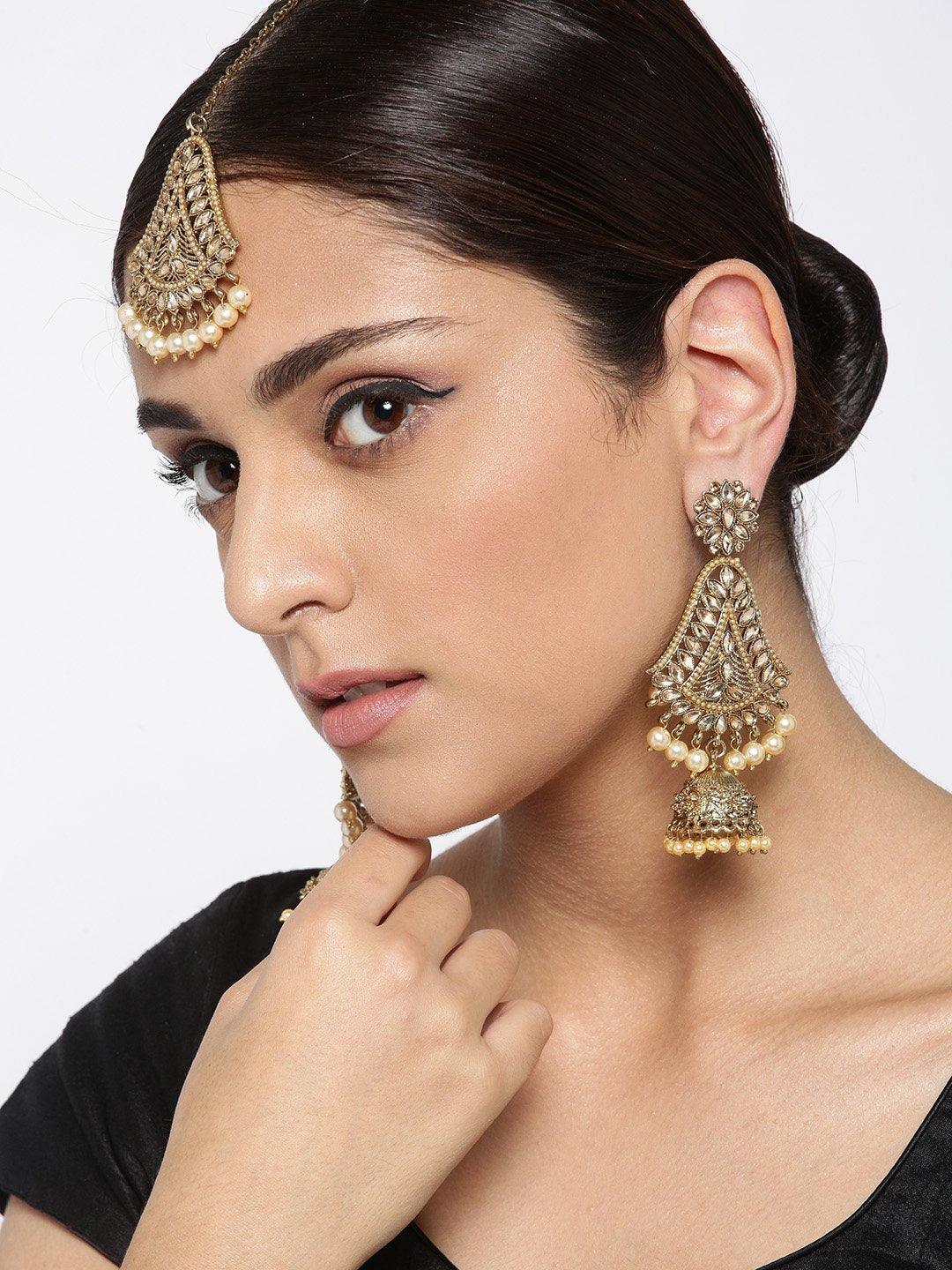 Women's Gold-Plated Stone Studded MaangTikka And Earrings Set with Pearls Drop - Priyaasi - Indiakreations