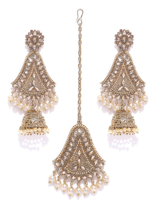 Women's Gold-Plated Stone Studded MaangTikka And Earrings Set with Pearls Drop - Priyaasi