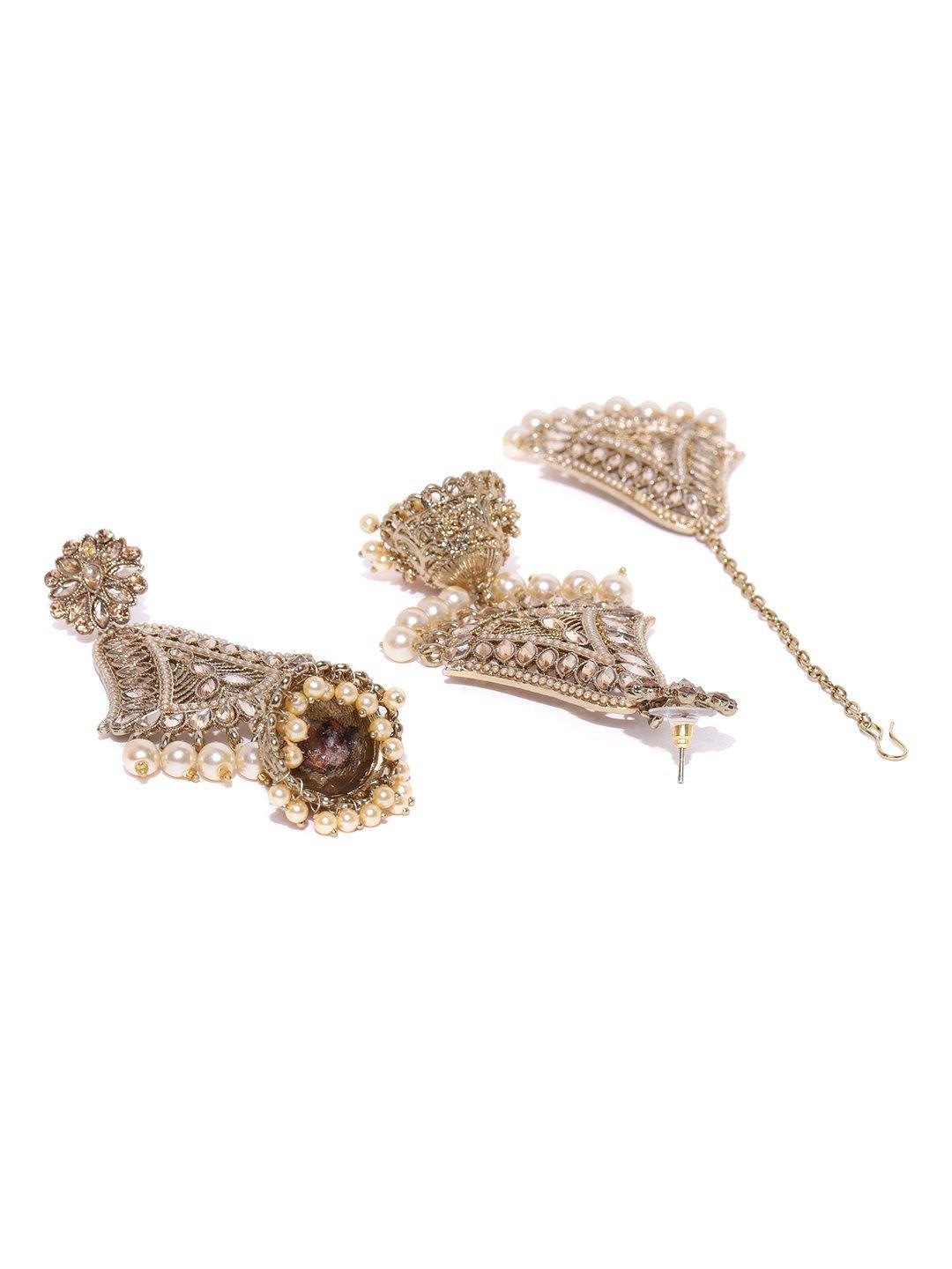 Women's Gold-Plated Stone Studded MaangTikka And Earrings Set with Pearls Drop - Priyaasi - Indiakreations