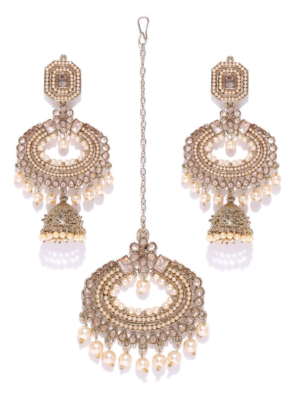 Women's Gold-Plated Stone Studded MaangTikka And Earrings Set with Pearls Drop - Priyaasi