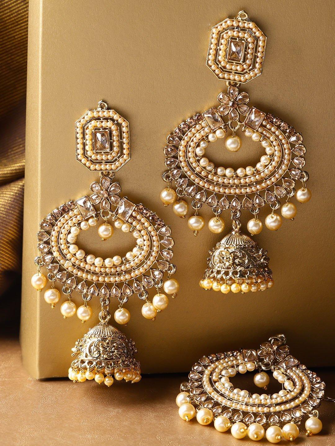 Women's Gold-Plated Stone Studded MaangTikka And Earrings Set with Pearls Drop - Priyaasi - Indiakreations