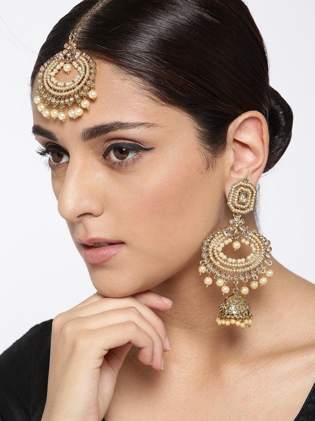 Women's Gold-Plated Stone Studded MaangTikka And Earrings Set with Pearls Drop - Priyaasi - Indiakreations