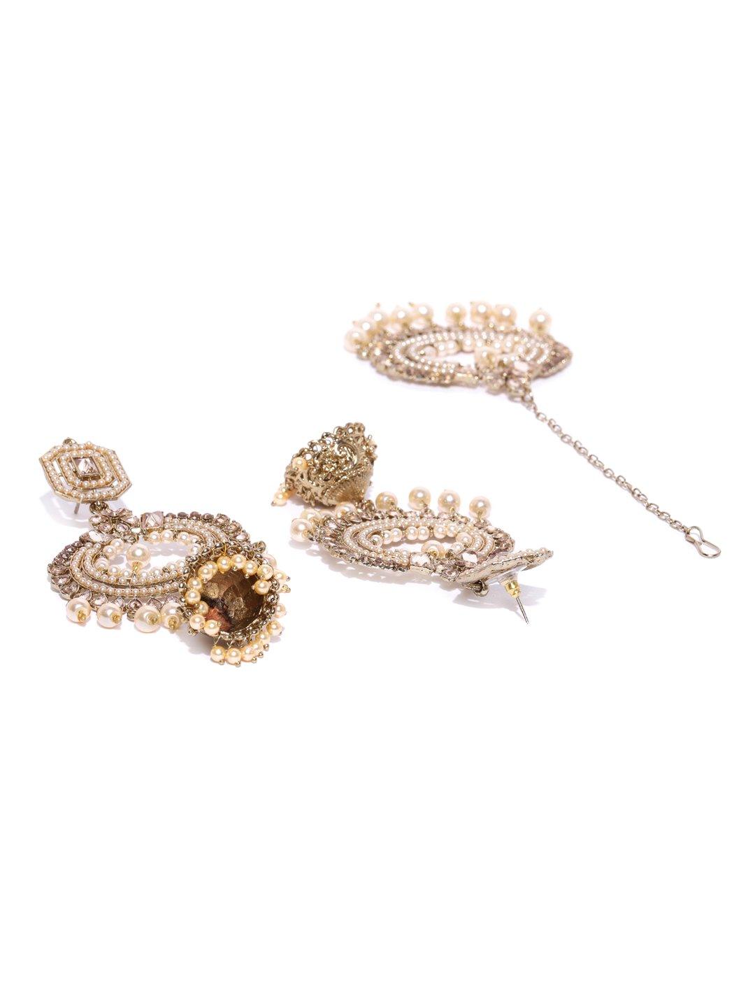 Women's Gold-Plated Stone Studded MaangTikka And Earrings Set with Pearls Drop - Priyaasi - Indiakreations