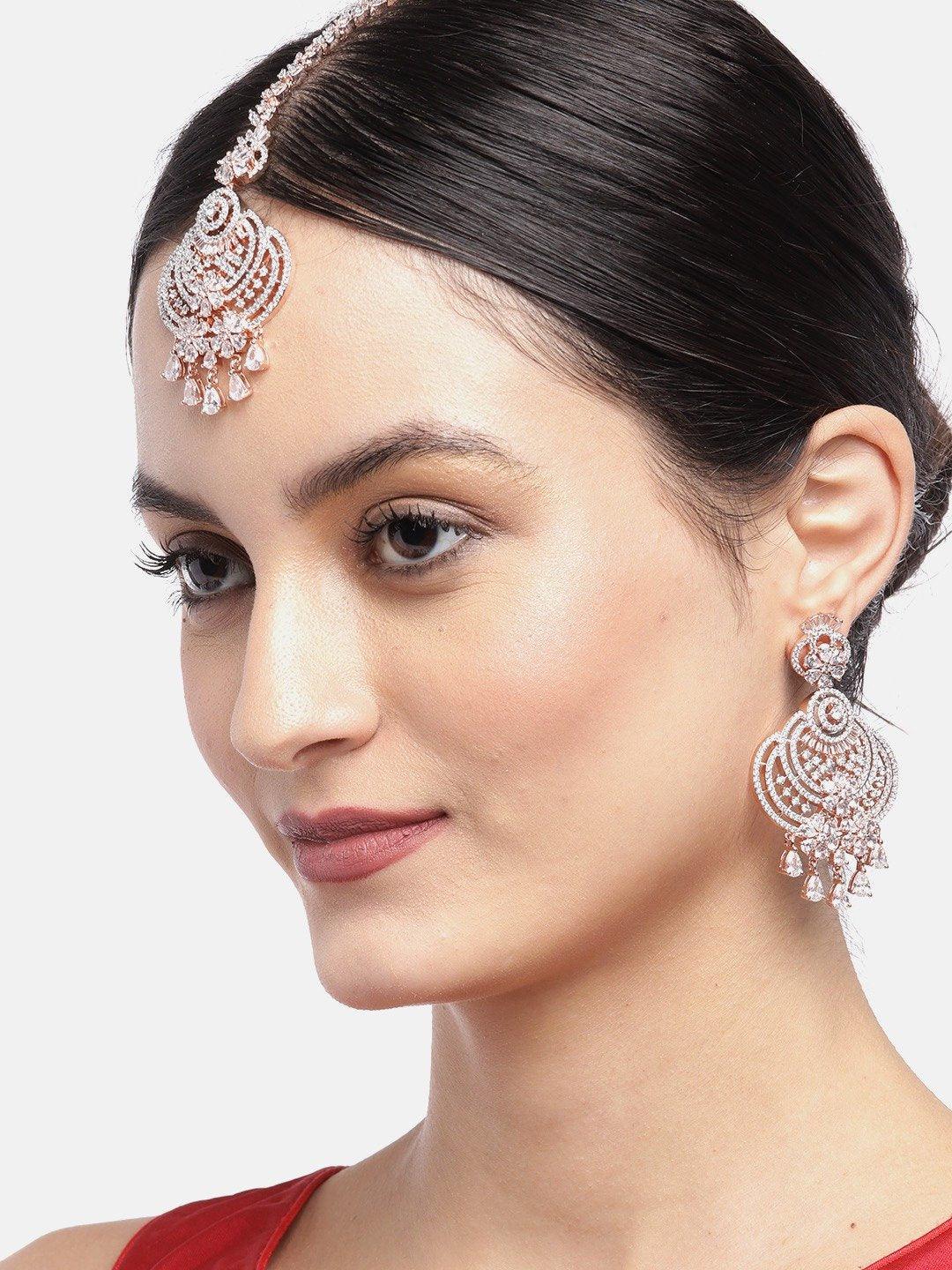 Women's Rose Gold-Plated American Diamond Studded Floral inspired MaangTikka And Earrings Set - Priyaasi - Indiakreations